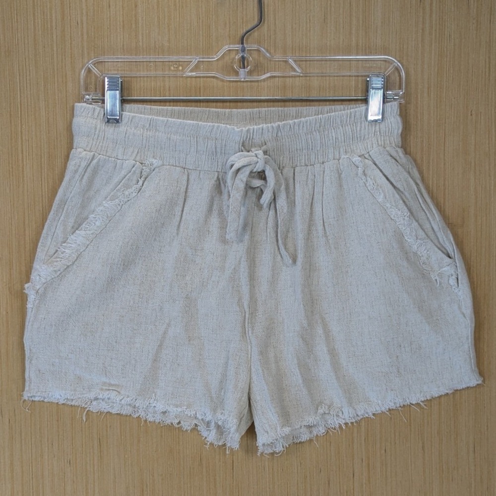 Umgee Women Boho Beach Linen Blend Frayed Hem Shorts Size S Beige Neutral Resort